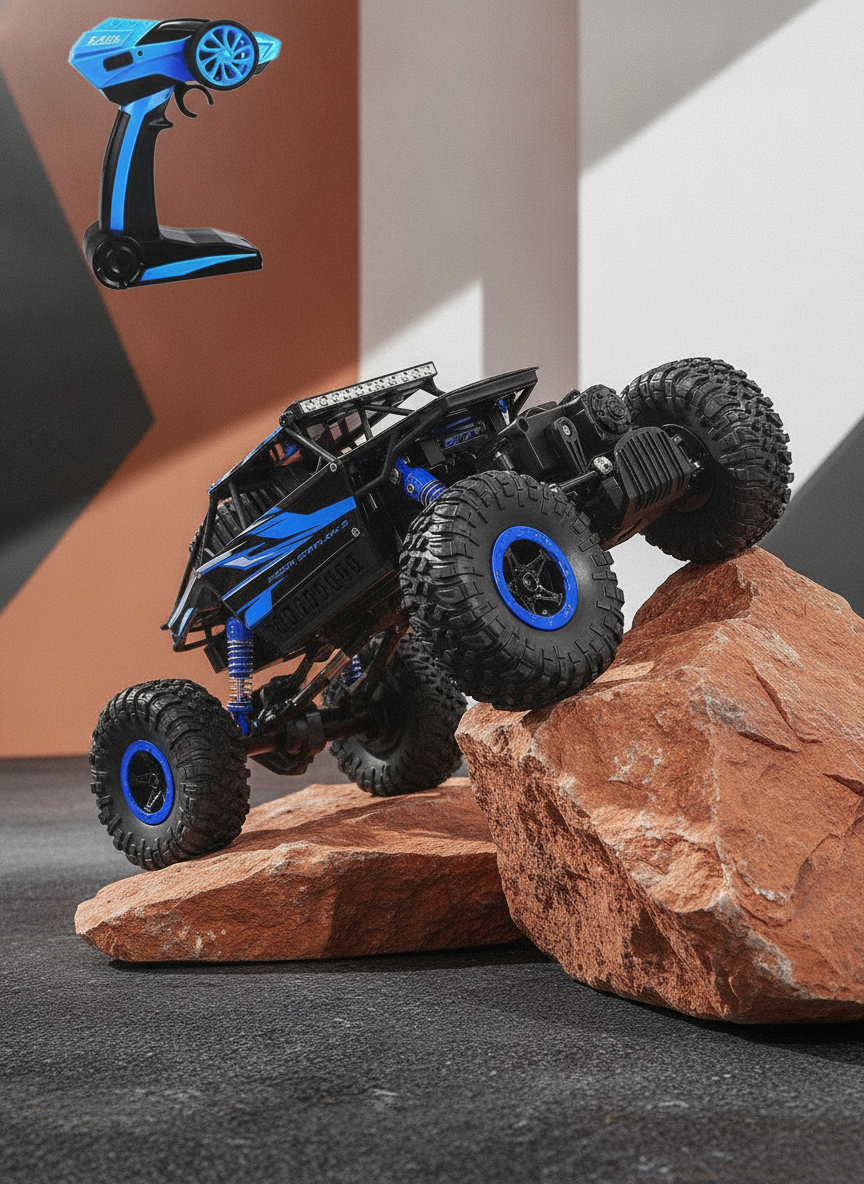 Rc Off Road Car rock crawler car on a rocky terrain, demonstrating its high articulation.