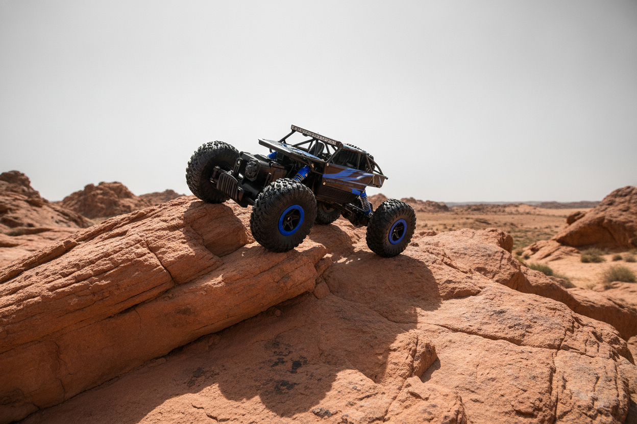 RC Off Road Car rock crawler navigating a terracotta rock ridge in an Indian landscape, highlighting its suspension and contr